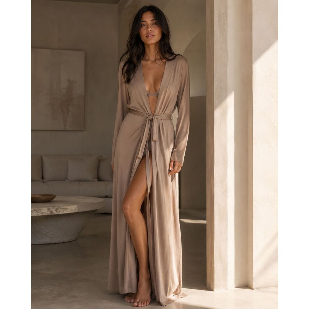 SKIMS Tan Kim Kardashian Maxi Tie Up Robe Gown  Women's Size Medium
